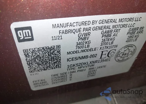 2022 GMC Yukon Denali z USA, uszkodzony, nr VIN 1GKS2DKLXNR135401